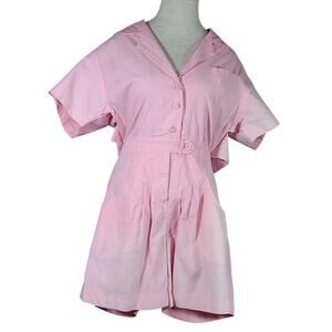 Vintage 80s Pink Romper Summer Shirt Shorts SZ Medium Open Back Zip Button